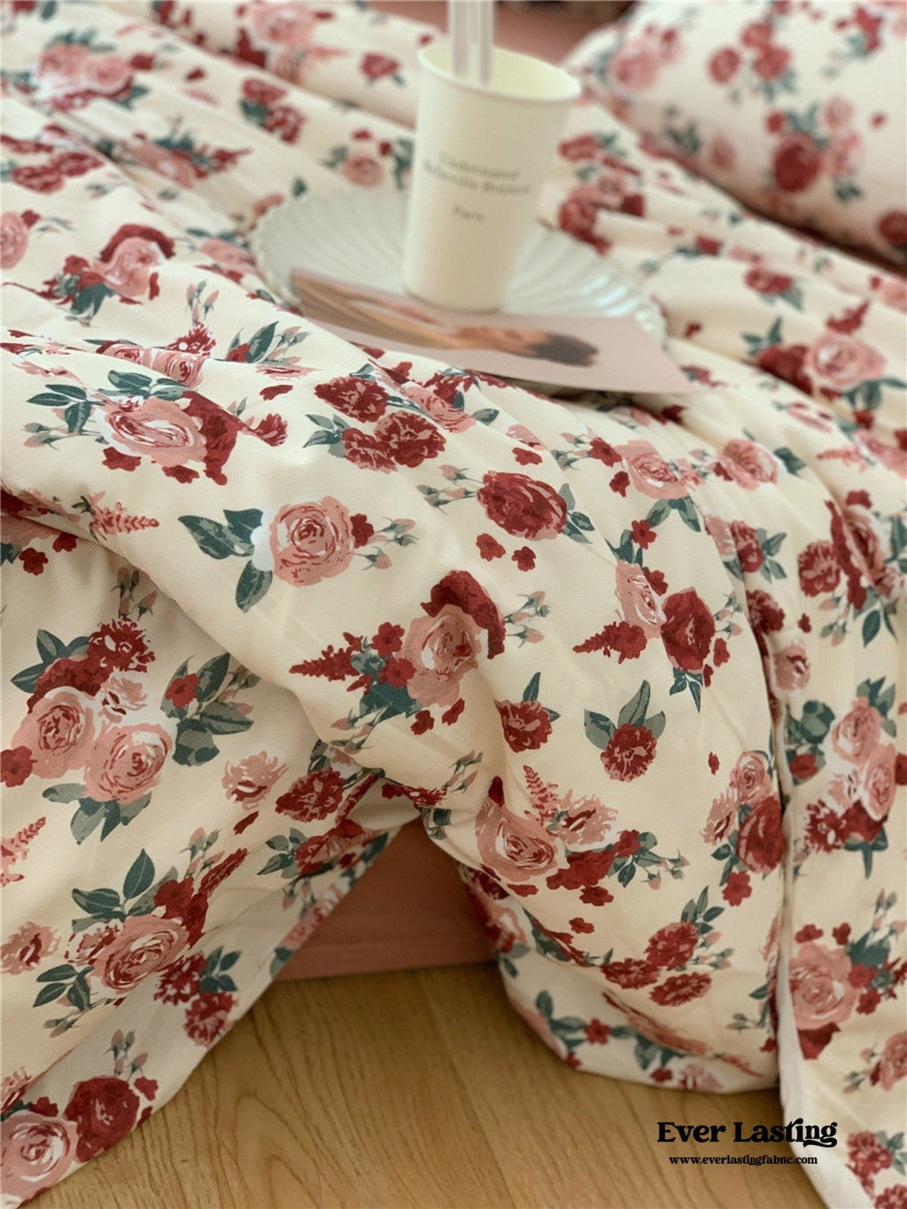 Vintage Floral Jersey Knit Bedding Set / Maroon Red