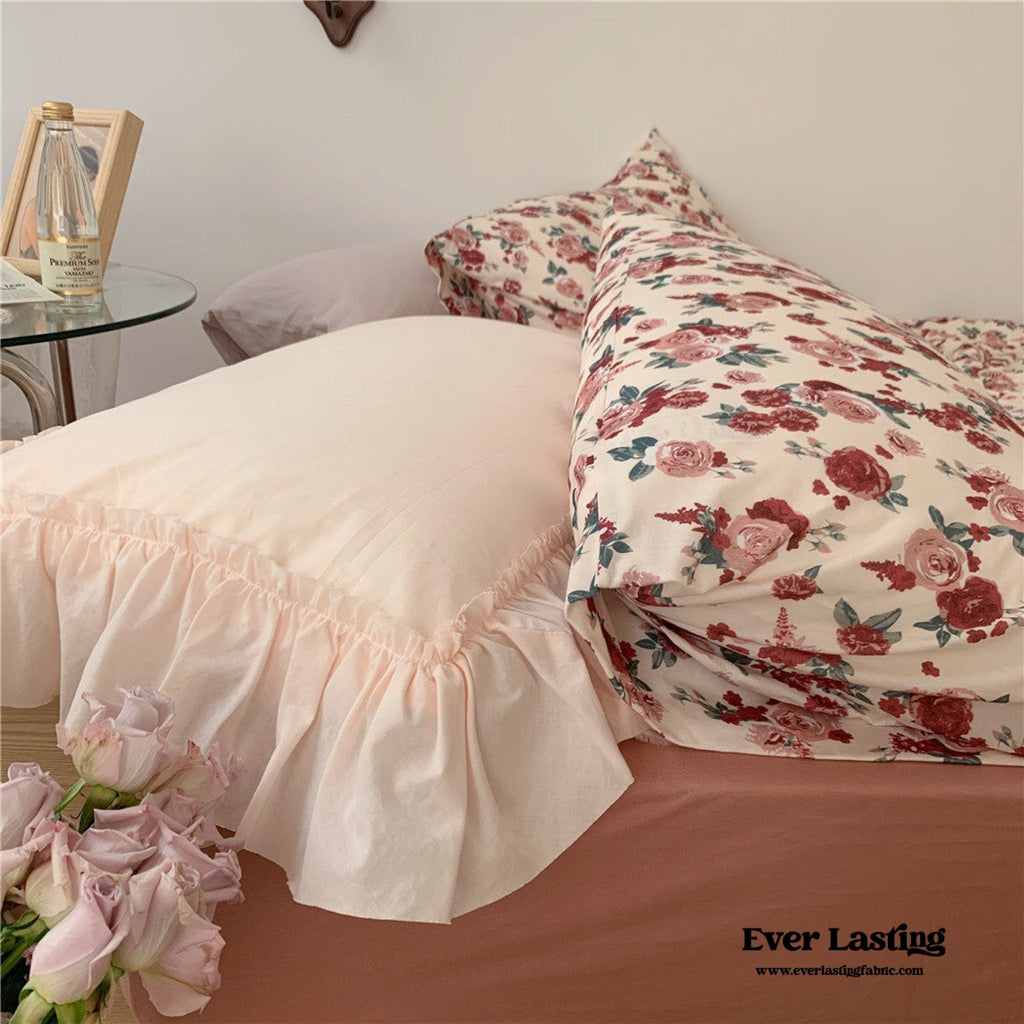 Vintage Floral Jersey Knit Bedding Set / Maroon Red
