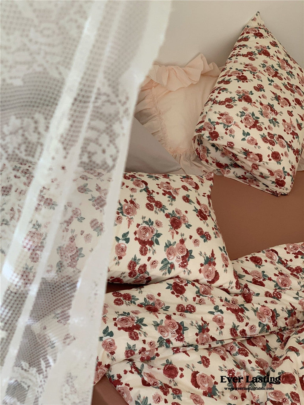 Vintage Floral Jersey Knit Bedding Set / Rust Pink