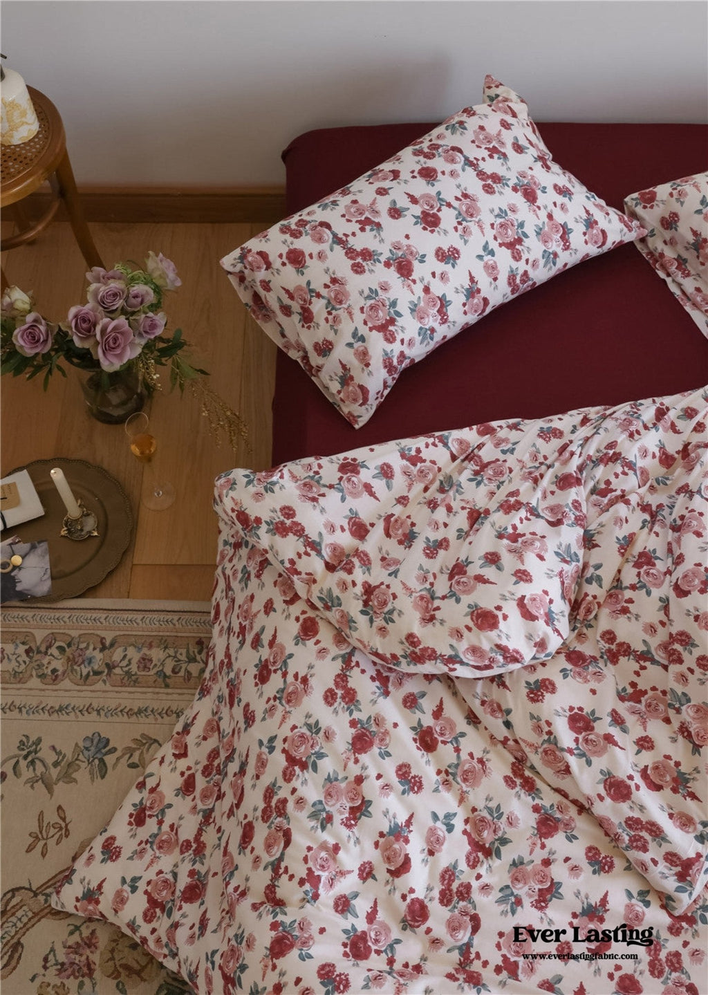 Vintage Floral Jersey Knit Bedding Set / Rust Pink