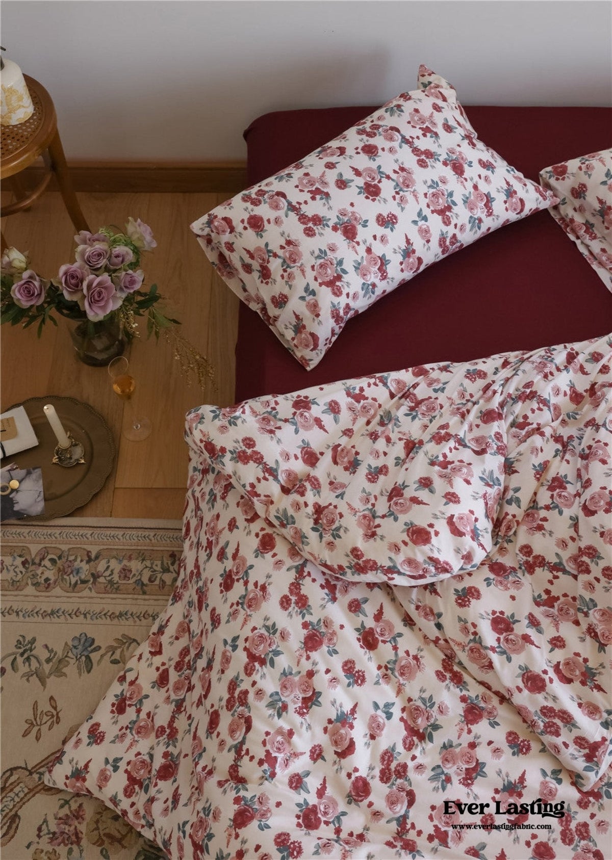 Vintage Floral Jersey Knit Bedding Set / Rust Pink