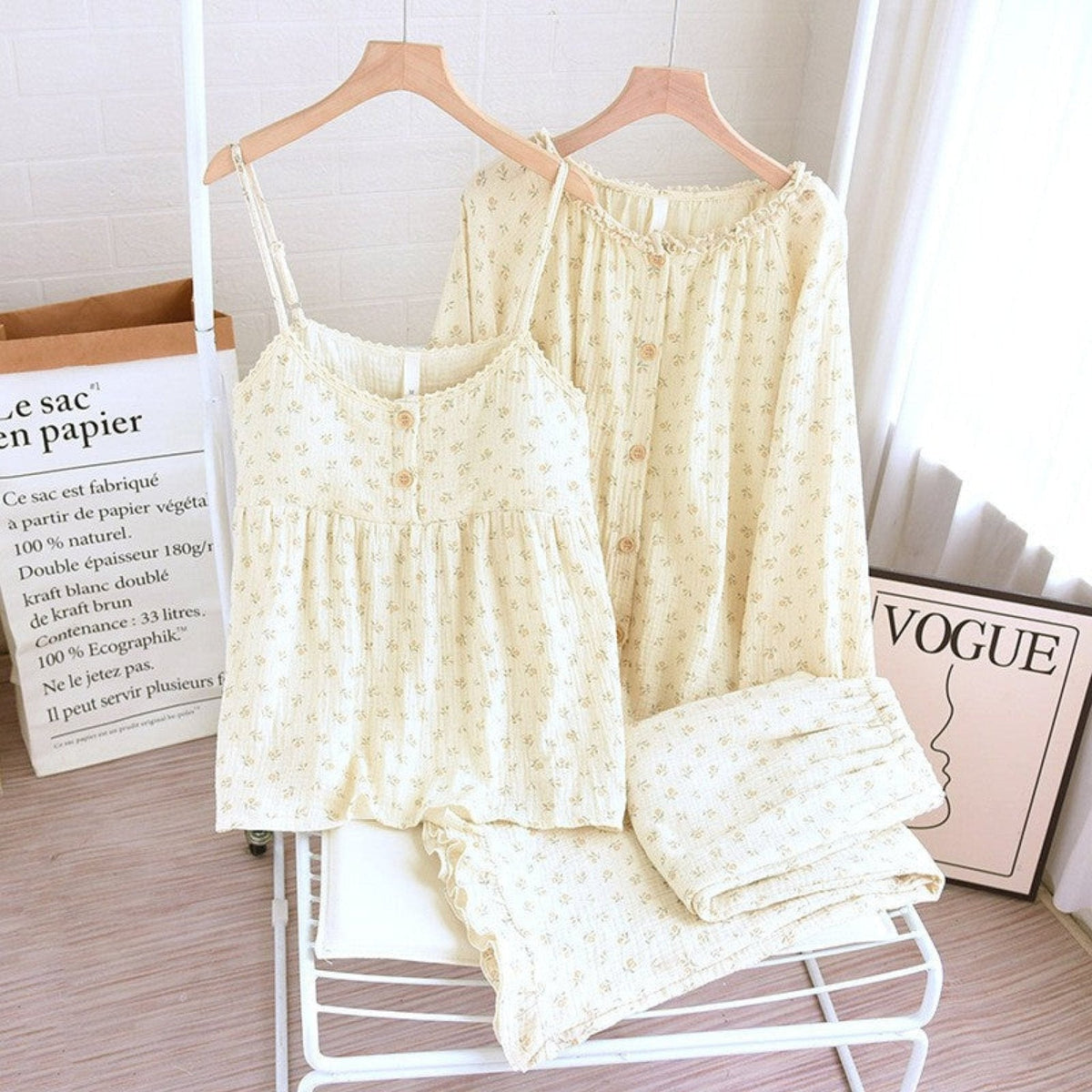 Vintage Floral Tank Cardigan and Long Pants Pajama Set / Yellow
