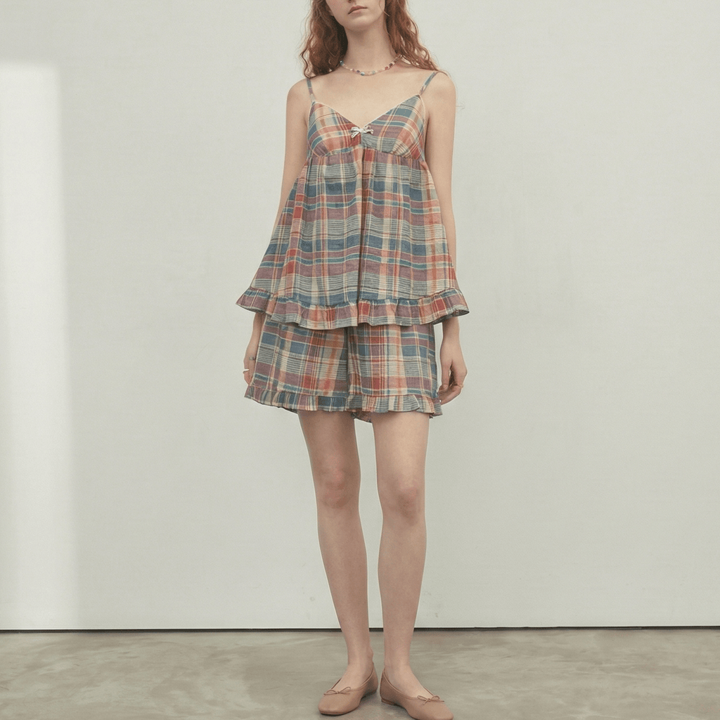Vintage Inspired Plaid Tank Shorts Pajama Set