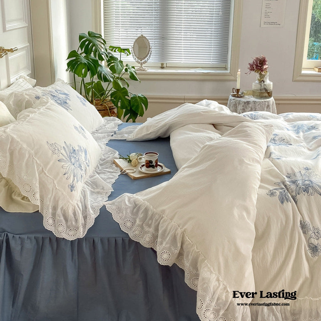 White Cottage Washed Cotton Ruffle Bedding Set
