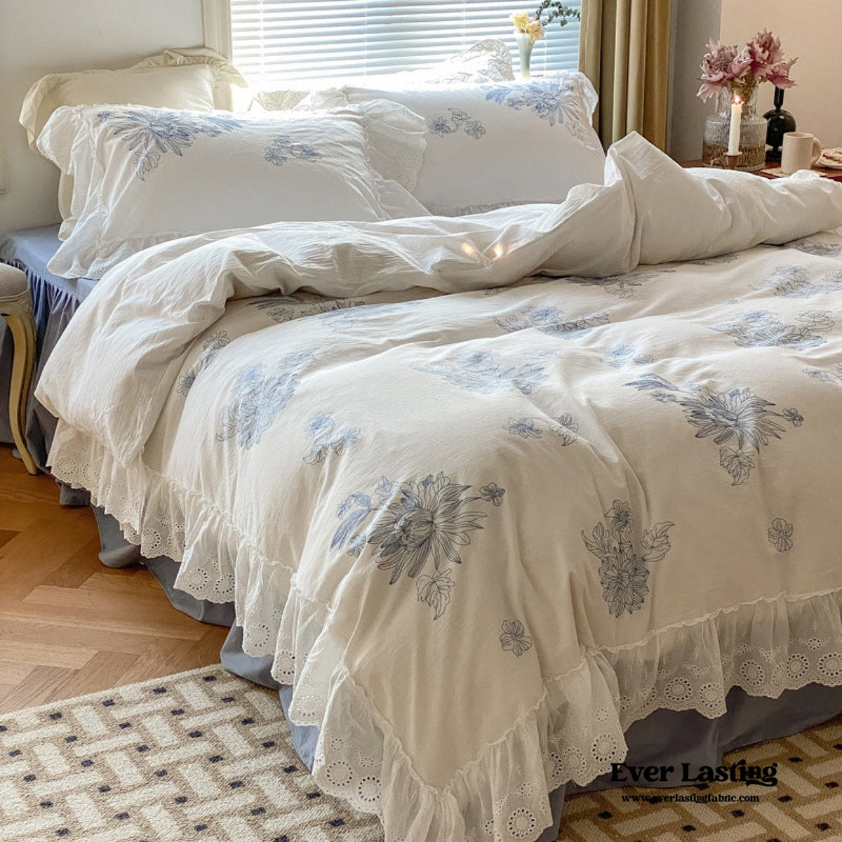 White Cottage Washed Cotton Ruffle Bedding Set