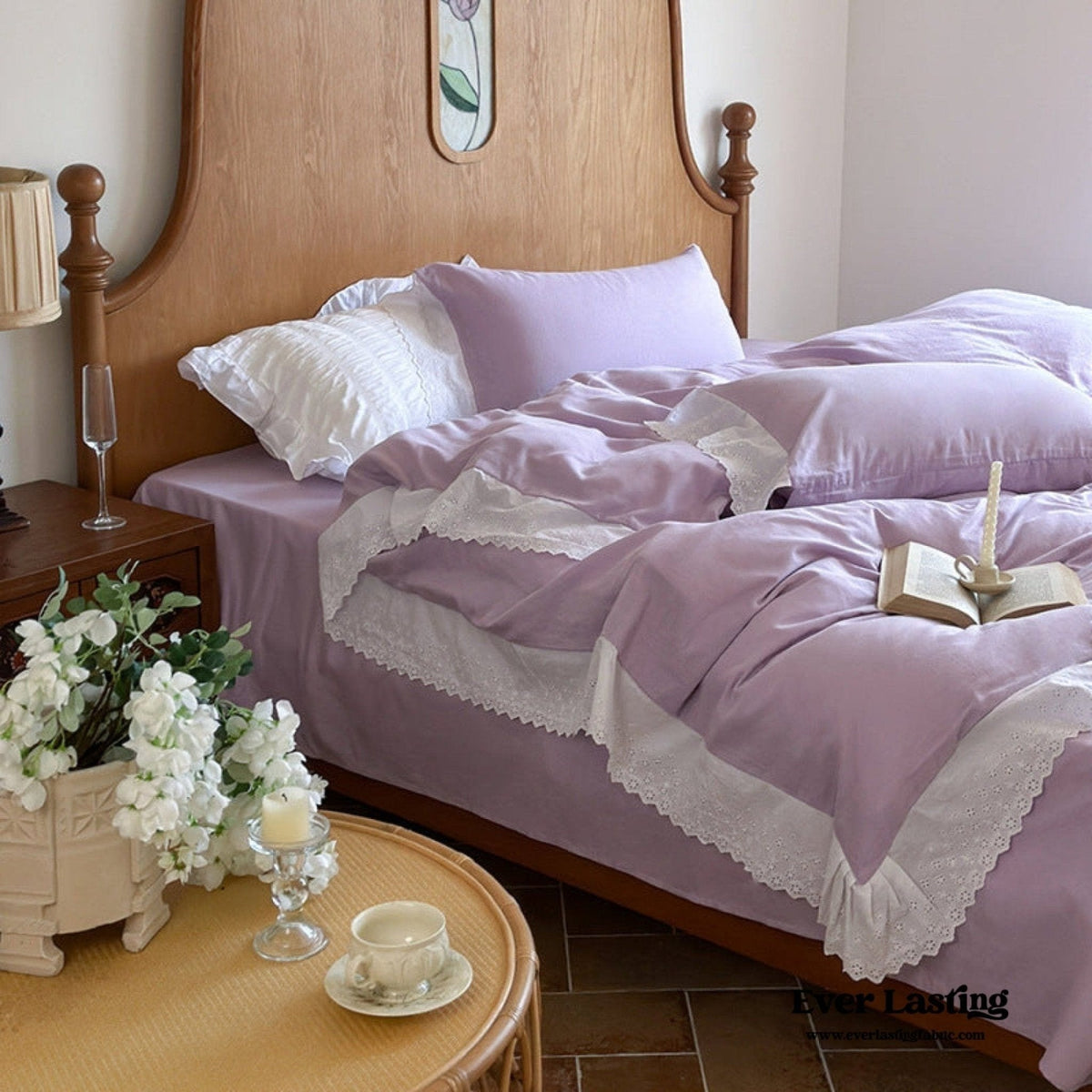 White Ruffle Lace Bedding Set / Purple
