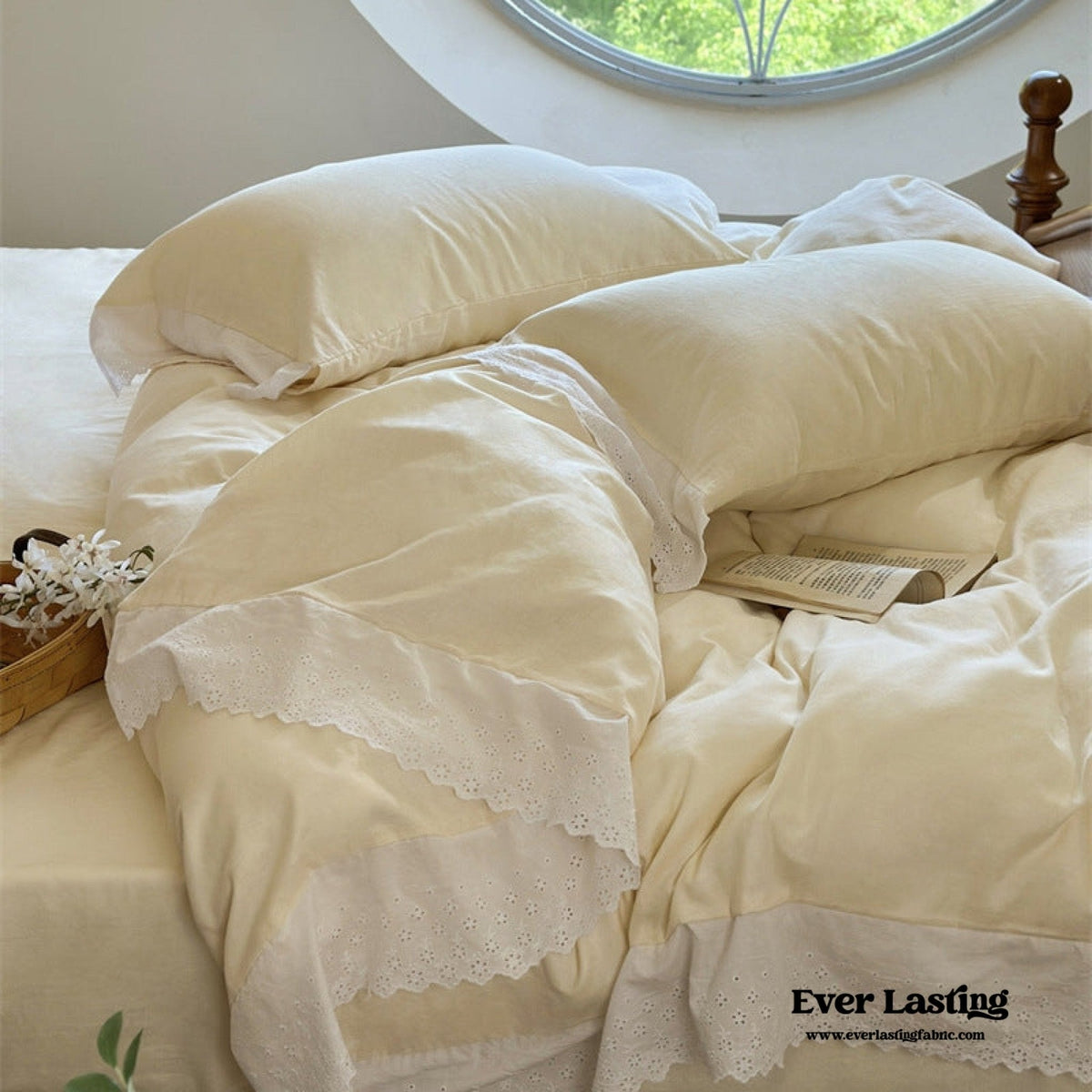 White Ruffle Lace Bedding Set / Yellow